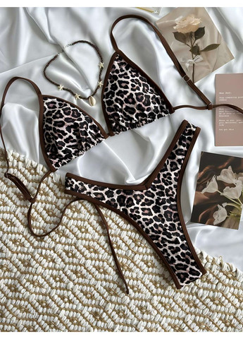 Коричневий літній жіночий літній роздільний сексуальний леопардовий купальник на зав'язках No Brand