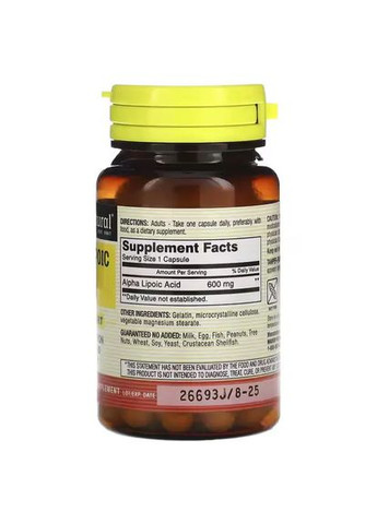 Альфа-ліпоєва кислота 600 мг, антиоксидант, 30 капсул Mason Natural (299899334)