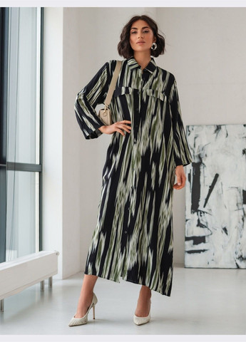 Чорна кежуал сукня-максі вільного крою з принтом чорна сукня-сорочка Dressa з абстрактним візерунком