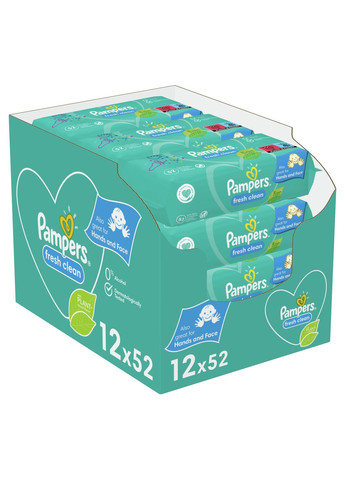 Дитячі вологі серветки Fresh Clean, 624 шт. (12 уп. по 52 шт.) Pampers (328200256)