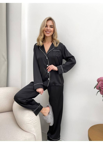 Черная всесезон пижама женская шелковая рубашка + брюки Style Point