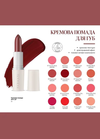 Кремова помада для губ 06 Hot Cherry 4 г Farmasi (295439976)