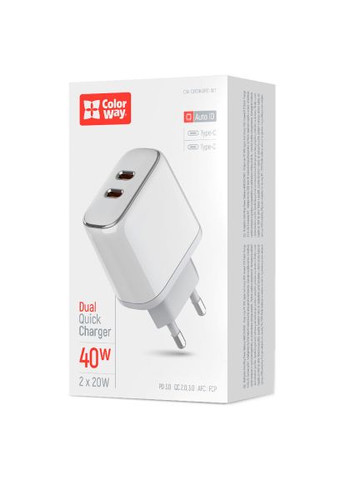 Зарядное устройство ) (40W) white (CW-CHS048PD-WT) Colorway Power Delivery Port PPS USB (Type-C PD + Type-C PD (369881296)