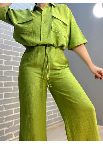 Костюм жіночий 4218 тканина жатка сорочка на гудзиках кишені та широкі штани на резинці MIX RAY (304062690)