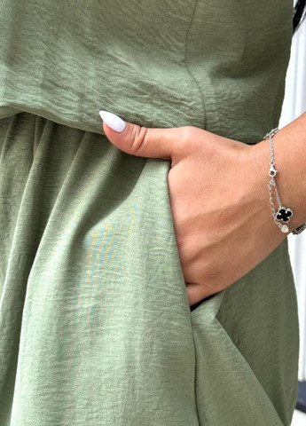 Оливковое повседневный изысканное легкое повседневное летнее меди платье без рукавов с карманами и украшенное камешками Tik-Tak с рисунком