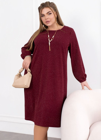 Бордова святковий, коктейльна, вечірня сукня міді а-силует з довгими рукавами з люрексом а-силует No Brand однотонна