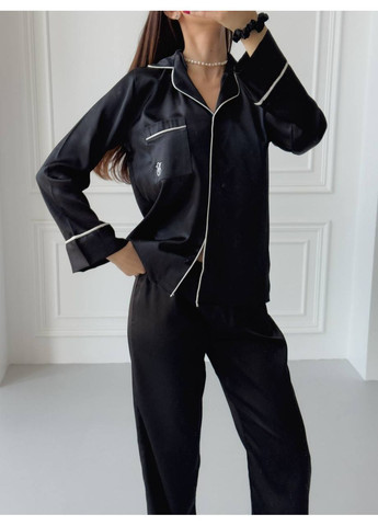 Черная всесезон сатиновая пижама с логотипом, черная l рубашка + брюки No Brand