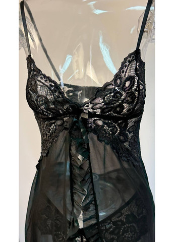Спокусливий напівпрозорий мереживний пеньюар Rossi з застібкою на спині бразильки в комплекті чорний No Brand Пеньюар Rossi (324235173)