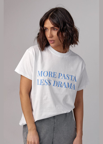 Блакитна літня жіноча футболка з написом more pasta less drama 210116 з коротким рукавом Lurex