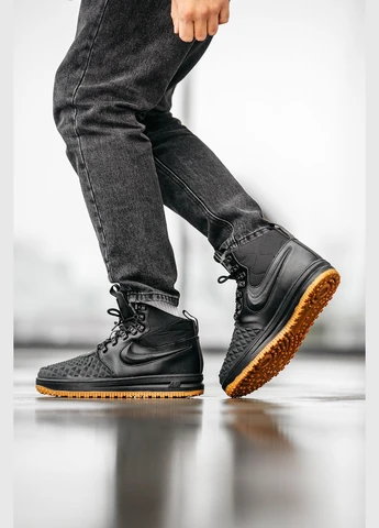 Чорні Зимовий кросівки зимові чоловічі nike lunar force 1 duckboot winter black fur | найк дакбут високі чорні з хутром No Brand
