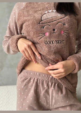 Коричнева всесезон затишна тепла піжама з малюнком кофта + брюки No Brand