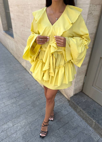 Жовтий коктейльна вишукана легка літня коктейльна міні сукня в стилі бохо з поясом в комплекті та воланами Allthings однотонна