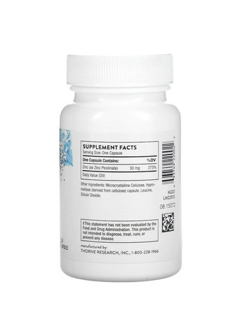 Піколінат цинку Thorne Zinc Picolinate 30 mg, 60 вегакапсул Thorne Research (324607453)