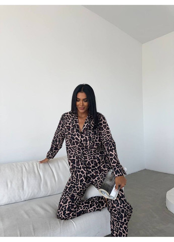 Чорна всесезон жіноча піжама | чорний леопард сорочка + брюки Vital-Textile 1238