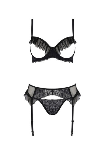 Чорний демісезонний комплект kerria set with open bra black,, бюстгальтер з відкритою чашкою, стрінги, пояс для панчіх - cherrylove Passion