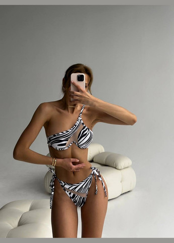 Черно-белый женский раздельный купальник на одно плечо со вставками из сетки space черный No Brand