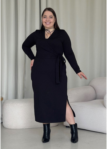 Черное деловое, повседневный, коктейльное, вечернее теплое зимнее платье на запах в рубчик на флисе (солоха в подарок) на запах Merlini однотонное