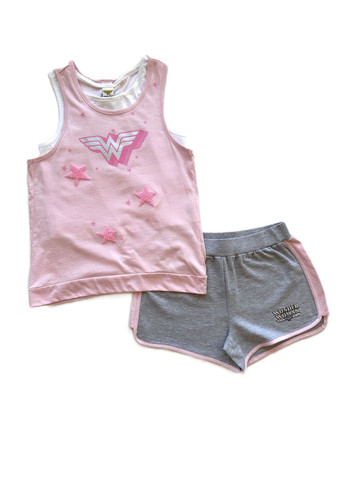 Рожевий літній комплект костюм для дівчинки трійка футболка рожева + майка біла + шорти срі /wonder woman 2000-49 (140 см) OVS