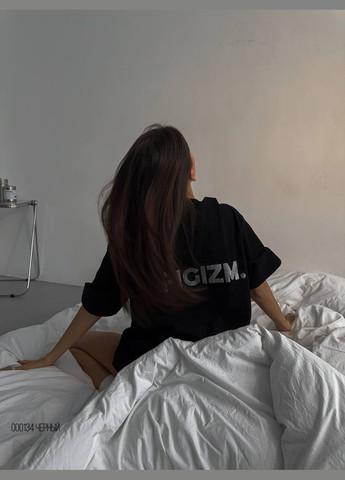 Черная всесезон красивая чёрная oversize футболка из качественного турецкого кулира с надписью "pofigizm" из страз, шикарная футболка No Brand 4455