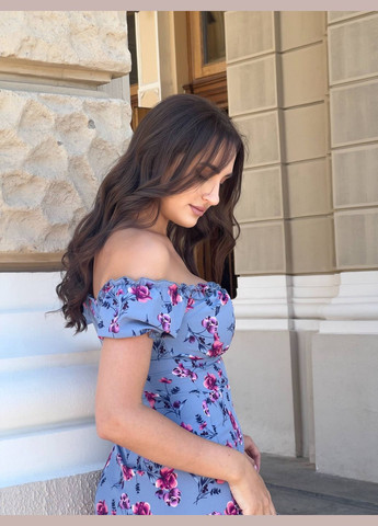 Блакитна святковий, повсякденний, коктейльна жіноча сукня міді в квітковому принті силуетна Avanti з квітковим принтом