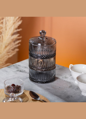 Цукерниця трирівнева з кришкою скляна ребриста, сірий Yiwu (326599338)