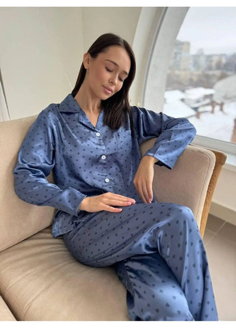 Темно-блакитна всесезон жіноча трендова піжама more love, комфортний домашній одяг, класична брючна піжама сорочка + брюки No Brand піжама more love блакитно-синій