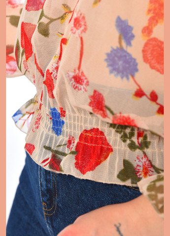 Бежева блуза жіноча в сіточку з принтом бежевого кольору з баскою Let's Shop