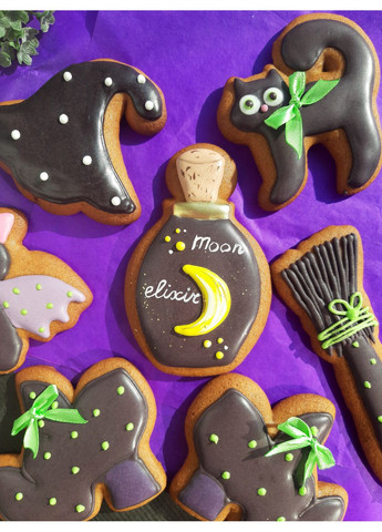 Пряники на Хеловін, сет з 8 штук, шляпа, мітла, кіт, еліксир, 2 ботинка, котел, кажанчик No Brand (351456563)