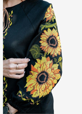 Чорна вишиванка жіноча соняшники льон чорна Україна льон (314809329)