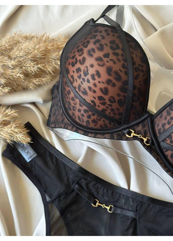 Коричневий комплект бюстгальтер поролон + прозорі стрінги леопардовий CHLX