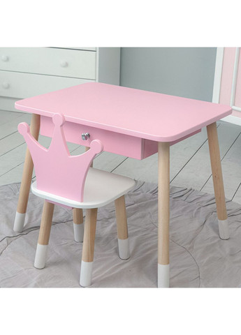 Стіл прямокутний з ящиком 46х60х45 і стілець корона 26х26х24, столик та стільчик в дитячу, рожевий з білим No Brand (335039629)