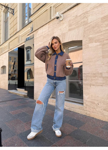 Темно-бежева демісезонна демісезонна жіноча куртка з хутра тедді та джинсу MonCher