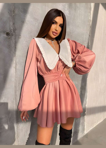 Персикова святковий, коктейльна, карнавальний, відвертий, вечірня жіноча блакитна атласна коротка міні сукня з білим комірцем і довгими рукавами baby doll Україна однотонна