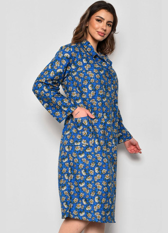 Халат женский байковый полубатальный синего цвета с цветочным принтом Let's Shop (279724133)