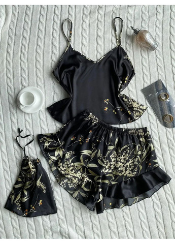 Чорна атласна жіноча піжама з шортами і топом на бретелях. атласна піжама жіноча з абстрактним принтом China