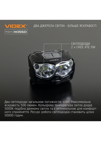 Фонарь налобный сенсорный VLF-H055D 500Lm 5000K Videx (371789760)