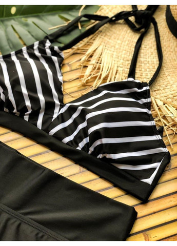 Комбинированный летний женский купальник плюс сайз зебровый верх и высокие черные трусики / женский купальник раздельный большие размеры черно-белый No Brand