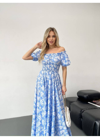 Блакитна сукня максі в підлогу блакитне у білу квітку No Brand