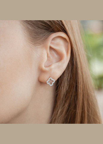 Оригінальні сережки зі срібла пусети Клевер з маленькими білими фіанітами Каштан (342335585)