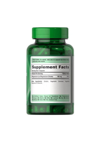 Magnesium Citrate 100mg - 100 caps Puritans Pride (369397843)