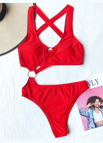 Червоний літній жіночий суцільний купальник монокіні bandage чорний No Brand