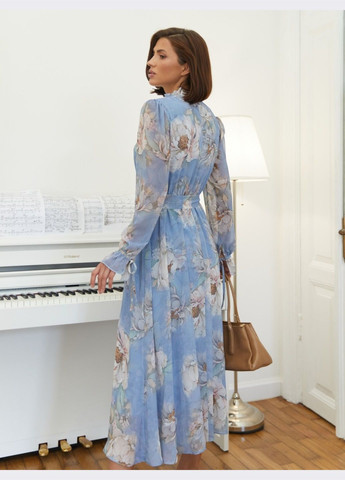 Голубое праздничный голубое платье-клёш с шифона в цветочный принт с поясом клеш Dressa с цветочным принтом