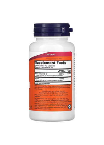 Ниацин (Витамин В3) Niacin Flush Free 250мг – 90 вег.капсул Now Foods (284119891)