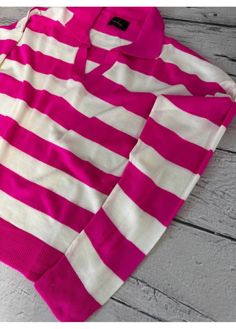 Розовая женская футболка-поло в полоску с длинным рукавом No Brand