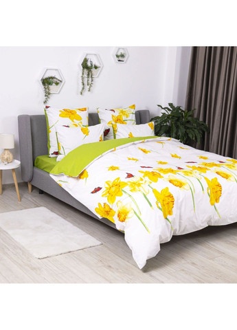 Сімейний комплект постільної білизни Бязь з наволочками 70*70 см, 115 гр/м2 Яскравий нарцис Білий з зеленим (20510150215) ТЕП (366036785)