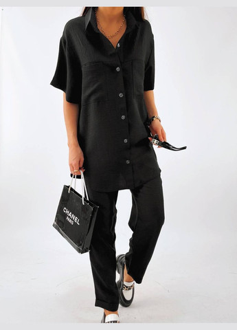 Женский льняной костюм рубашка и брюки черного цвета р.48/52 359207 New Trend (292260216)
