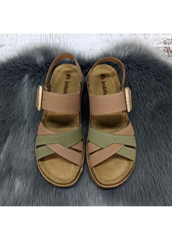 Босоніжки жіночі коричневі з оливковим шкіряні з пряжкою Inblu (333759964)