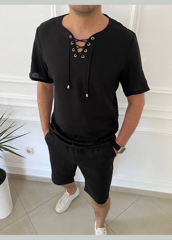 Черный летний костюм шорты + поло ткань натуральный лен No Brand