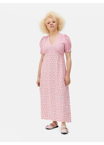 Молочное платье макси лето,молочный в розовые узоры, Primark