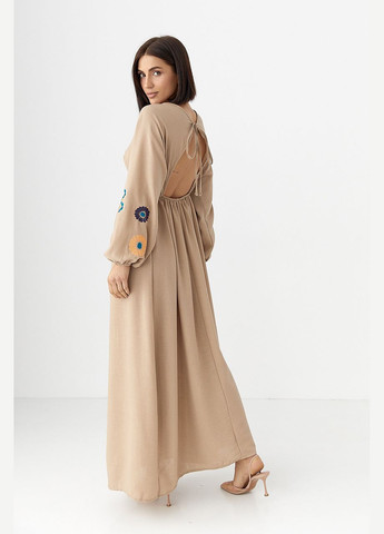 Кофейное длинное платье с вышитыми цветами Lurex